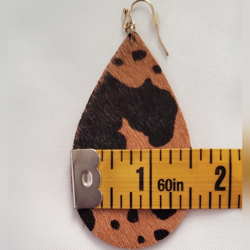 Cow Print Teardrop Earrings Brown and Black Faux Leather Western Lightweight - Picture 5 of 7